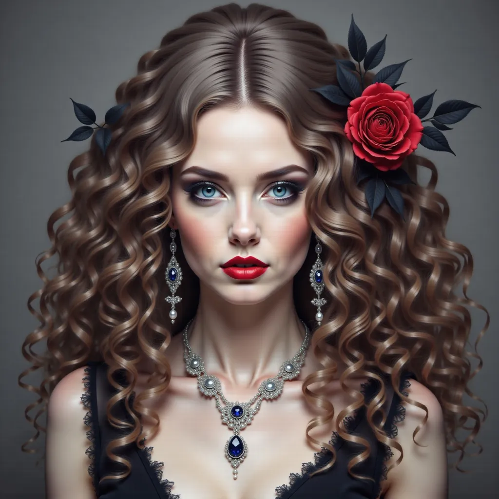 Prompt: a woman with long hair and a necklace on her neck and a red lipstick on her cheek and a black dress, Carla Wyzgala, gothic art, highly detailed digital painting, a photorealistic painting