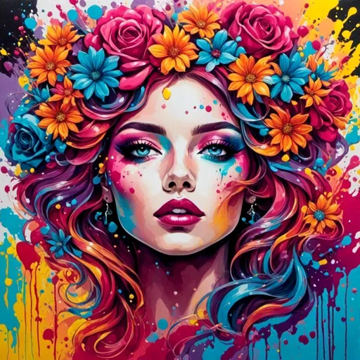 Prompt: <mymodel>Flower Siren graffiti art, splash art, street art, spray paint, oil gouache melting, acrylic, high contrast, colorful polychromatic, ultra detailed, ultra quality, CGSociety