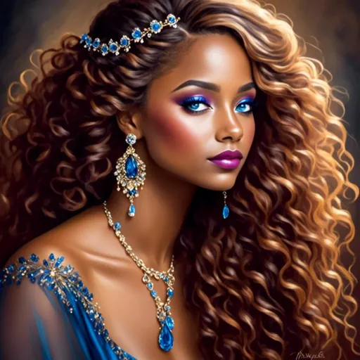 Prompt: <mymodel>Highly realistic oil painting of an elegant black woman, mesmerizing striking blue eyes, regal posture, intricate braided hair, rich and warm skin tones, luxurious velvet gown, detailed jewelry, classic portrait style, impeccable lighting, high quality, ultra-realistic, oil painting, regal, detailed eyes, elegant, warm tones, luxurious, classic portrait, professional lighting