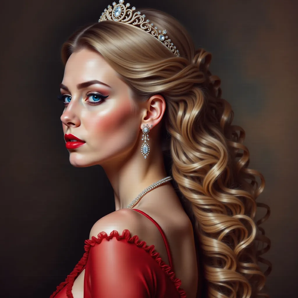 Prompt: a painting of the side view of a woman with long blonde hair wearing a tiara and a red dress with a diamond necklace, Edwin Georgi, figurative art, highly detailed digital painting, a photorealistic painting