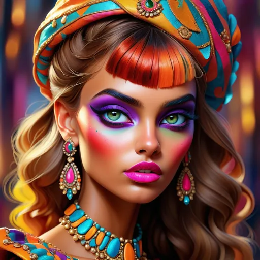 Prompt: digital painting, dramatic colourful makeup, high fashion, intense gaze, realistic portrayal, vibrant colors, detailed features, highres, professional, dramatic, realistic, digital painting, intense gaze, vibrant colors, detailed features, high fashion, glamorous lighting