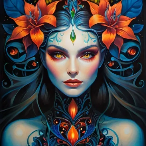 Prompt: Beautiful  hybrid woman with flowers sprouting from her, oil painting, detailed fiery eyes, ethereal glow, dark and mysterious, high quality, vibrant colors, surreal, haunting, intricate floral details, intense gaze, mystical atmosphere, oil painting, demon, hybrid, fiery eyes, ethereal, vibrant colors, surreal, haunting, floral details, intense gaze, mystical atmosphere