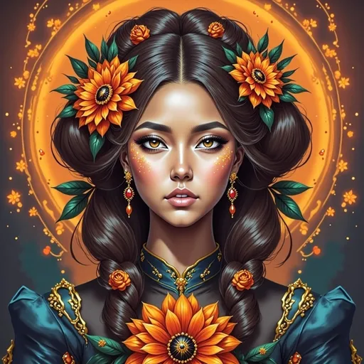 Prompt: Beautiful  hybrid woman with orange flowers sprouting from her, oil painting, detailed fiery eyes, ethereal glow, dark and mysterious, high quality, vibrant colors, surreal, haunting, intricate floral details, intense gaze, mystical atmosphere, oil painting, demon, hybrid, fiery eyes, ethereal, vibrant colors, surreal, haunting, floral details, intense gaze, mystical atmosphere