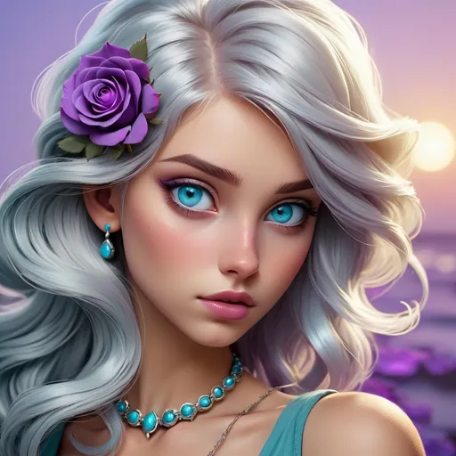 Prompt:  girl with shiny silver hair and blue eyes,  dusky purple rose in hair, turquoise jewelry