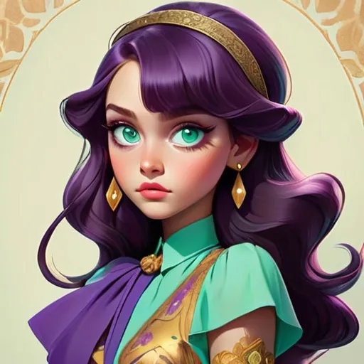 Prompt: Vintage-inspired illustration of a girl, purple and gold attire, aqua green eyes