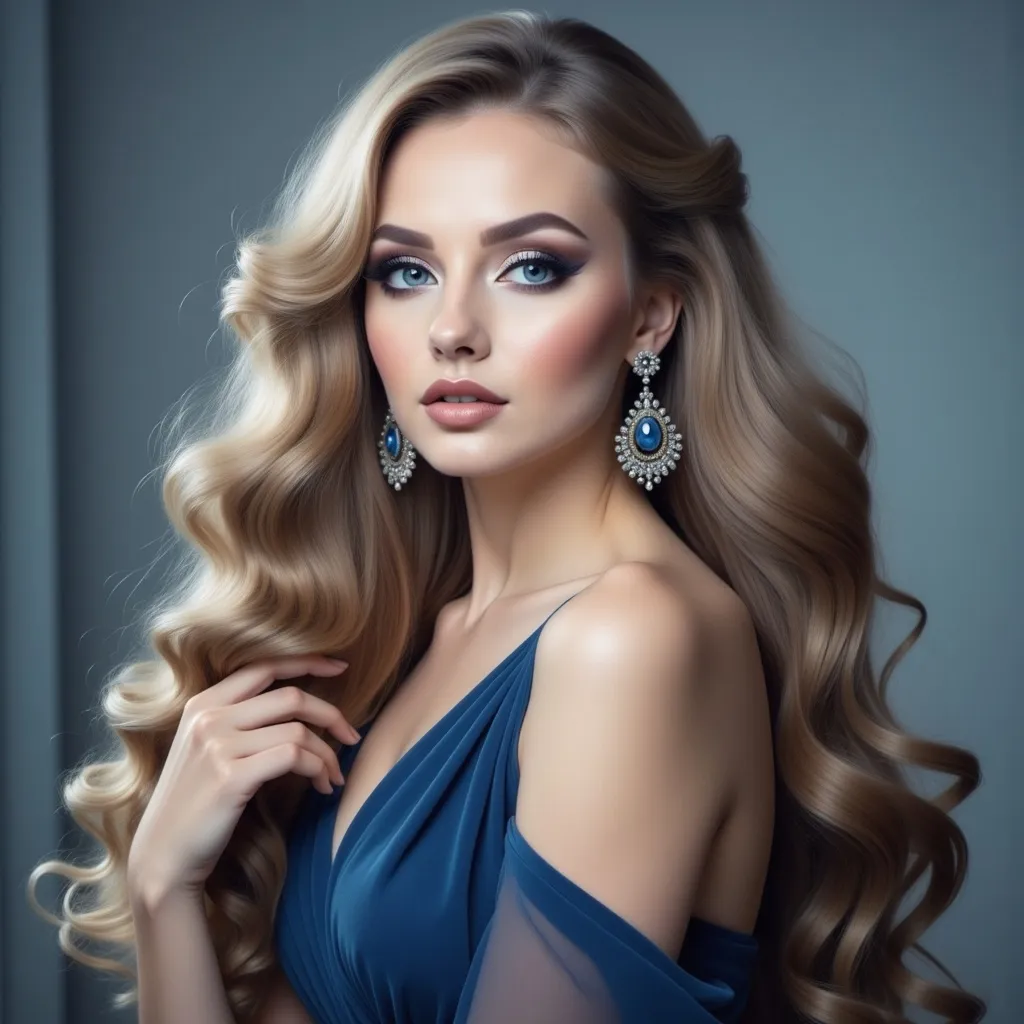 Prompt: a woman with long blonde hair wearing blue dress and earrings on her head, posing for a picture with a blue background, Elina Karimova, rococo, elegance, a photorealistic painting