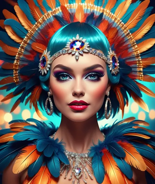 Prompt: (showgirl), glamorous attire with feathers and sequins, vibrant and colorful dress, dramatic pose, confident expression, spotlight illuminating, dynamic stage elements, sparkly accessories, high fashion, background filled with glimmer and glamour, lively atmosphere, (ultra-detailed), (4K) quality, evocative mood that exudes excitement and allure.