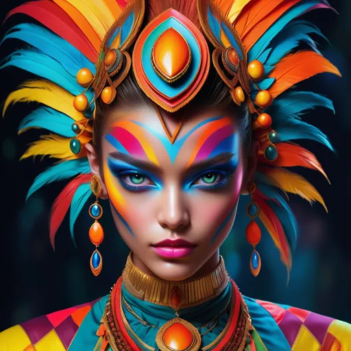 Prompt: <mymodel>digital painting, dramatic colourful makeup, high fashion, intense gaze, realistic portrayal, vibrant colors, detailed features, highres, professional, dramatic, realistic, digital painting, intense gaze, vibrant colors, detailed features, high fashion, glamorous lighting