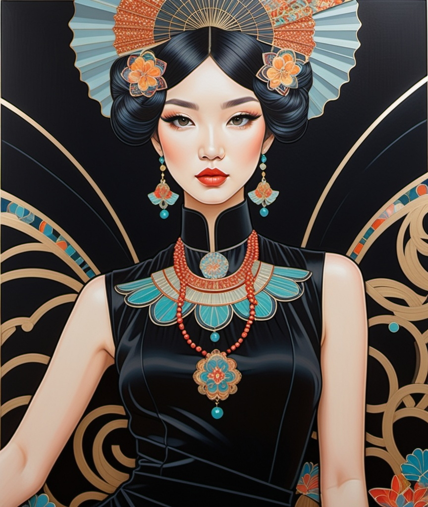 Prompt: a painting of a woman with a fan on her head and a black dress with colorful beads and a fan on her head, Audrey Kawasaki, cloisonnism, tristan eaton, an art deco painting