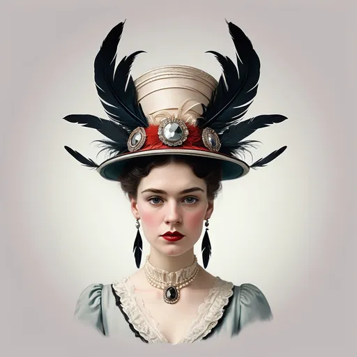 Prompt: fashionable 1st class  female passenger on the Titanic, pale skin, dark styled hair, large lips,  looking sad, facial closeup, vibrant colors, red dress and elaborate hat with feathers
