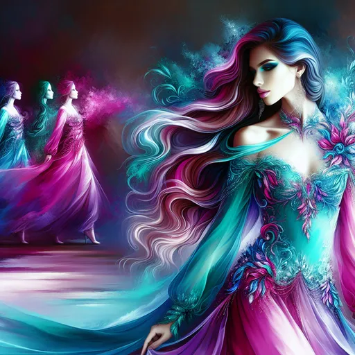 Prompt: A beautiful woman in colors of turquoise and magenta