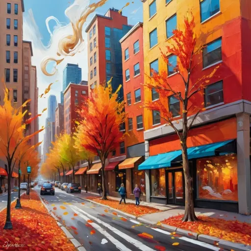 Prompt: Expressive autumn cityscape painting, vibrant brushstrokes, warm color palette, thick impasto texture, urban skyline, falling leaves, swirling winds, abstract expressionism, vibrant reds and oranges, energetic brushwork, bustling city streets, dynamic composition, high quality, expressive, cityscape, autumn, art, vibrant, impasto, abstract, energetic, dynamic, warm colors, swirling winds