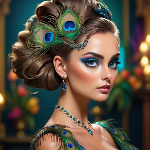 Prompt: <mymodel> Gorgeous woman with beautiful makeup and hair, peacock feathers, high-quality, detailed, realistic, elegant, vibrant colors, professional makeup, glamorous lighting, 4k resolution, portrait, detailed facial features, luxurious, exotic, peacock feathers, elegant hairstyle, stunning makeup, beauty shot