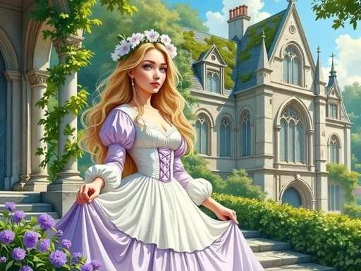 Prompt: This is a digital artwork in a highly detailed, anime-inspired style. The central subject is a young woman with long, wavy, golden blonde hair adorned with a white flower crown. She has fair skin and delicate facial features with large, expressive blue eyes. She is wearing a Victorian-style dress with a high white collar, puffed purple sleeves, and a fitted bodice with crisscross lacing. The skirt of the dress is white with a purple hem, and she is holding it out slightly with both hands.

The background features a lush, overgrown garden with tall, green vines climbing up the stone steps and arches to the left. On the right, there is a large, ornate, gothic-style stone building with intricate carvings and a steep, gabled roof covered in moss. The building is partially obscured by greenery. In the foreground, there is a neatly trimmed hedge with purple flowers, matching the hem of her dress. The sky above is bright blue with scattered white clouds, adding to the serene and magical atmosphere of the scene. The overall color palette is dominated by greens, whites, and purples, creating a harmonious and enchanting visual effect.