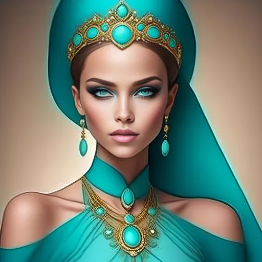 Prompt: <mymodel>An extremely gorgeous woman,  with turquoise jewels, in color scheme of turquoise and gold