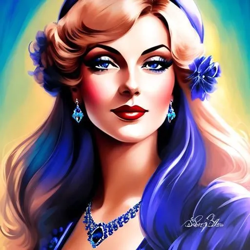 Prompt: Glamorously dressed lady of rhe 1930's wearing sapphire jewelry,blue eyes