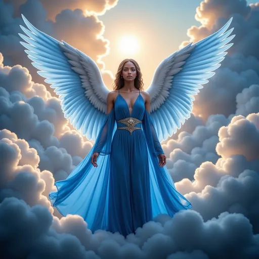 Prompt: (angel of sapphire), ethereal being with radiant sapphire wings, adorned in shimmering blue robes, tranquil expression, glowing with divine light, celestial background filled with fluffy clouds and a soft golden aura, ambiance of peace and serenity, ultra-detailed, high quality, vivid colors, atmospheric lighting, captivating and serene scene.