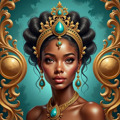 Prompt: This is a highly detailed digital artwork depicting an African woman with a regal and majestic presence. She has a deep brown skin tone and strikingly beautiful, large, almond-shaped blue eyes with long, dark eyelashes. Her full lips are slightly parted, showcasing a subtle, natural pink hue. Her hair is styled in two large, intricate, and voluminous buns on either side of her head, adorned with an elaborate, gold, ornate headpiece that features a large, central, teardrop-shaped turquoise gem. 

She wears matching turquoise and gold earrings that dangle elegantly, and a delicate gold necklace with a prominent turquoise pendant that rests just above her collarbone. The background is a rich, teal blue with ornate, gold, baroque-style patterns that include circular medallions and swirling designs, enhancing the luxurious and opulent feel of the image. The textures in the artwork are highly realistic, with the woman's skin appearing smooth and luminous, contrasting with the intricate, metallic textures of her jewelry and the background. The overall style of the artwork is hyper-realistic with a fantasy, baroque influence, emphasizing opulence, elegance, and regality.