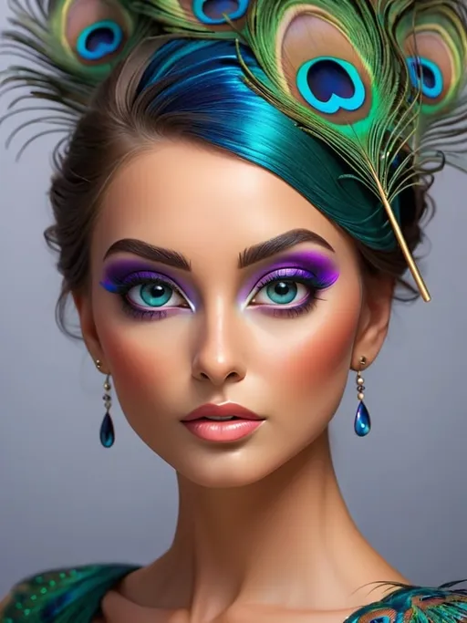 Prompt: Gorgeous woman with beautiful makeup and hair, peacock feathers, high-quality, detailed, realistic, elegant, vibrant colors, professional makeup, glamorous lighting, 4k resolution, portrait, detailed facial features, luxurious, exotic, peacock feathers, elegant hairstyle, stunning makeup, beauty shot