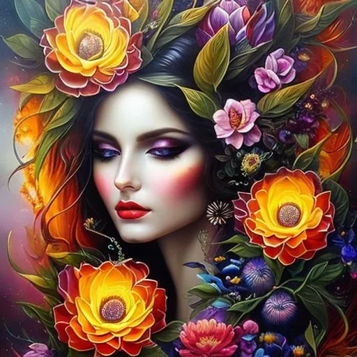 Prompt: Beautiful  hybrid woman with flowers sprouting from her, oil painting, detailed fiery eyes, ethereal glow, dark and mysterious, high quality, vibrant colors, surreal, haunting, intricate floral details, intense gaze, mystical atmosphere, oil painting, demon, hybrid, fiery eyes, ethereal, vibrant colors, surreal, haunting, floral details, intense gaze, mystical atmosphere