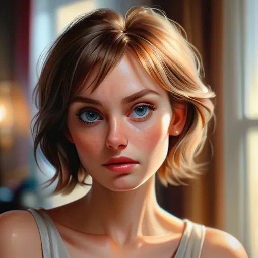 Prompt: Close-up realistic painting of a woman, subtle reflections, high resolution, lifelike details, detailed facial features, intense gaze, professional, realistic painting, atmospheric lighting, high quality, lifelike