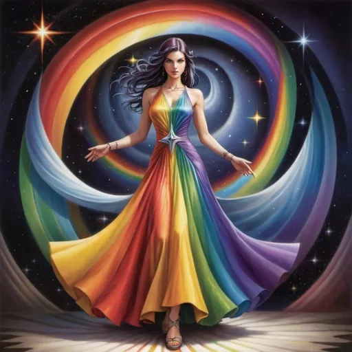 Prompt: a woman in a colorful dress standing in front of a star and a rainbow swirl with a star in the background, Anne Stokes, fantasy art, fantasy artwork, an art deco painting