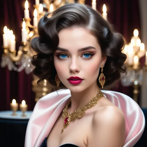 Prompt: Draped in an extravagant black gown adorned with ornate golden details, a stunning young woman captivates with her grace and elegance, illuminated by soft indoor lighting. Her voluminous hair, styled in lush waves and accentuated with a large pink rose, frames her exquisite face, characterized by striking blue eyes and rich red lips that exude sophistication and charm. The opulence of her jewelry, including dangling earrings and a delicate choker, complements the luxurious atmosphere of the well-furnished room, where plush curtains filter the gentle light from tall windows showing a hint of a city skyline. The overall composition, with its rich color contrasts and delicate textures, captures a timeless elegance, evoking a mood of high-class refinement reminiscent of a bygone era. 