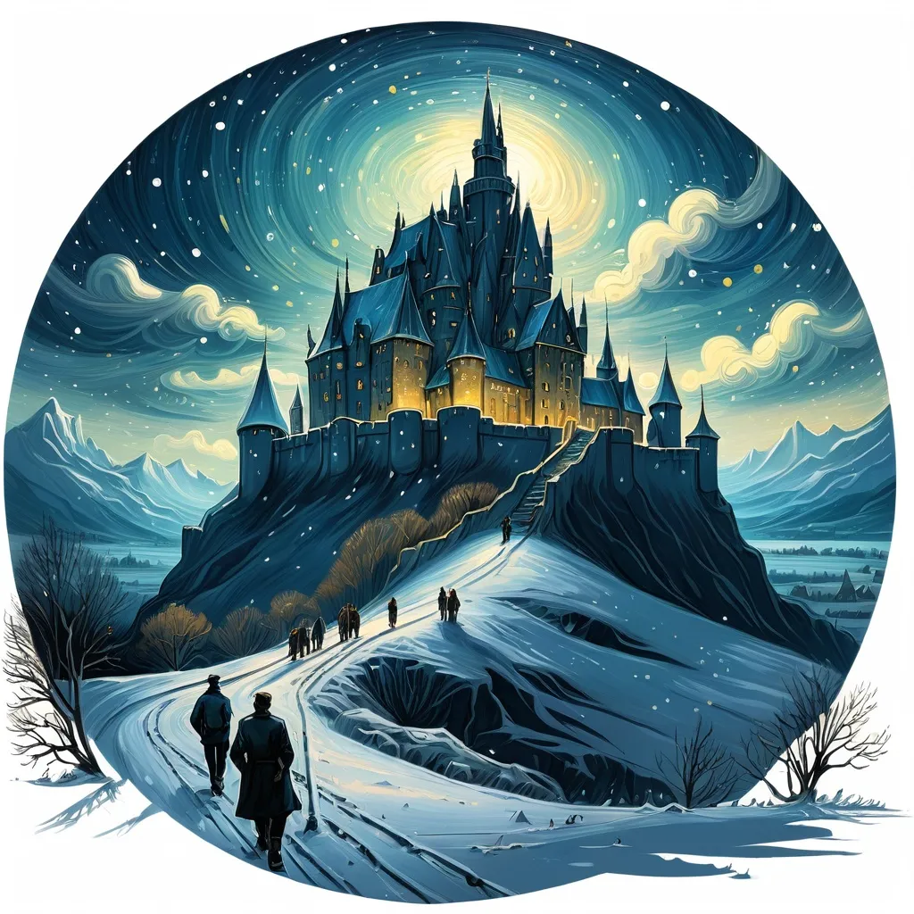 Prompt:  a castle in the snow at night with  Van Gogh stars and clouds above it and people walking on the snow covered ground, Dan Mumford, fantasy art, magical, a painting