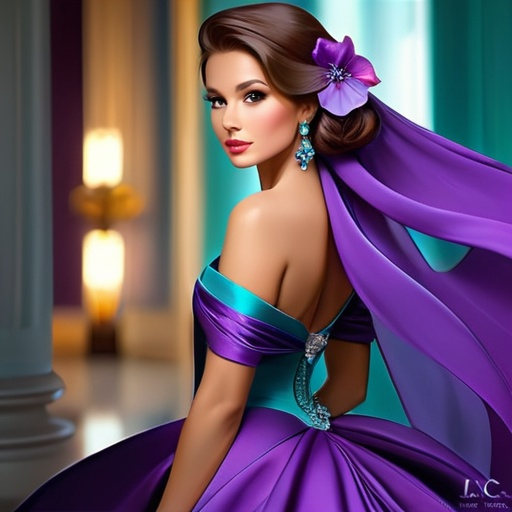 Prompt: Elegant lady in colors of purple and turquoise