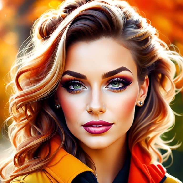 Prompt: Girl, Pretty makeup and stylish hair, autumn colors, facial closeup