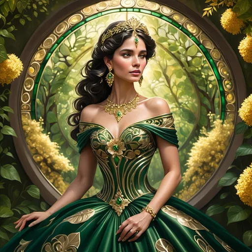 Prompt: Radiating elegance, a striking woman adorned in a lavish green gown poses gracefully against a backdrop of lush foliage intertwined with golden blossoms and intricate circular patterns reminiscent of stained glass. Her glossy dark hair is elegantly styled, complemented by luxurious gold jewelry that catches the eye, particularly the elaborate earrings and a matching tiara. The sunlight bathes the scene in a warm glow, enhancing the vivid greens and yellows, which harmonize with her outfit and the surrounding floral elements. The composition captures both beauty and serenity, evoking a sense of regality and a connection to nature's artistry.