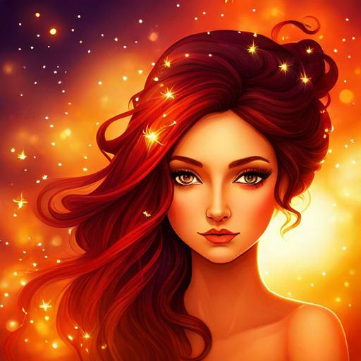 Prompt: fairy goddess, warm colors,  fireflies in hair, fiery background, closeup