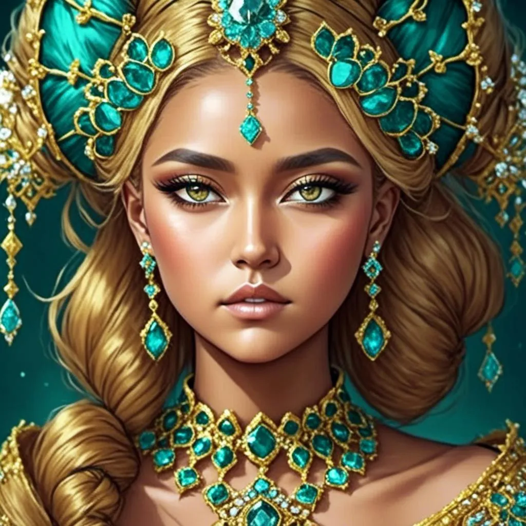 Prompt: <mymodel>ooo bi An extremely gorgeous woman,  with turquoise jewels, in color scheme of turquoise and gold