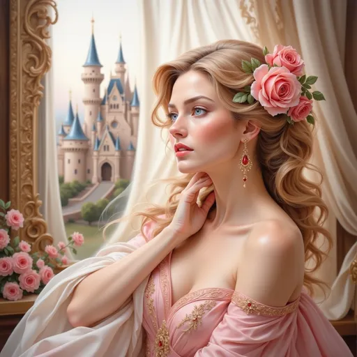 Prompt: Bathed in soft light, a young woman with cascading blonde curls gazes dreamily away, embodying an ethereal beauty enhanced by delicate pink roses adorn her hair. She wears an elegantly off-the-shoulder gown adorned with intricate embroidery, accentuating her graceful pose and serene expression. Behind her, a dreamy castle towers amidst a lush landscape dotted with blooming flowers, echoing a fairy-tale atmosphere. The intricate architecture and pastel hues in the background contrast beautifully with her soft features, creating a harmonious, romantic scene. This enchanting tableau captures a sense of longing and whimsy, inviting viewers to imagine a story of fantasy and romance.
