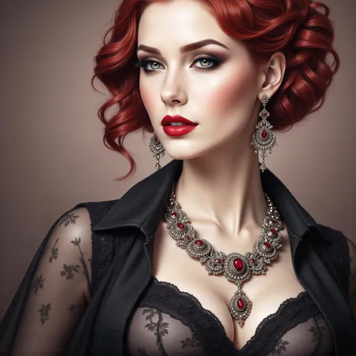 Prompt: a woman with a necklace and earrings on her neck and a red lip and a black dress on her chest, Edwin Georgi, gothic art, highly detailed digital painting, a photorealistic painting