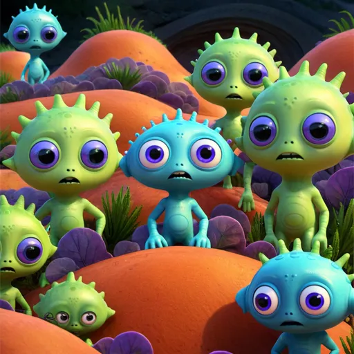 Prompt: Whimsical, cute alien, cartoon style, vibrant colors, large expressive eyes, playful demeanor, alien landscape, otherworldly plants, best quality, high resolution, vibrant, cartoon, cute, whimsical, otherworldly, playful, expressive eyes, alien landscape, vibrant colors, professional