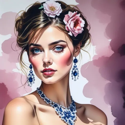 Prompt: <mymodel>Watercolour painting of a Dolce and Gabbana model, portrait, woman portrait, beautiful, high fashion, Vogue