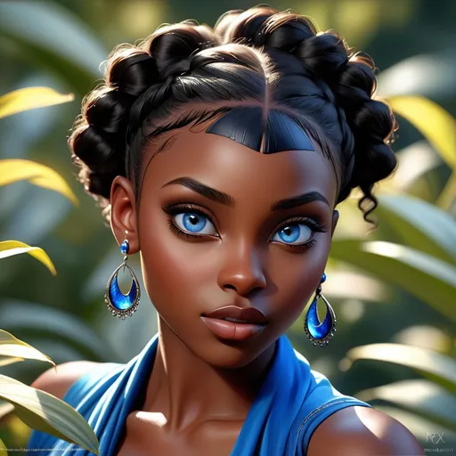 Prompt: Portrait of a black woman with very dark complexion and piercing blue eyes, pretty makeup, realistic painting, detailed features, high quality, realistic, dark skin, striking blue eyes, intense gaze, realistic painting, detailed facial features, professional, realistic lighting, dramatic contrast