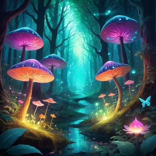 Prompt: Vibrant digital illustration of a mystical forest, magical glowing flora, enchanting fairy creatures, ethereal lighting, high quality, digital painting, fantasy, vibrant colors, glowing flora, mystical creatures, enchanting atmosphere, magical lighting