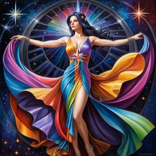 Prompt: a woman in a colorful dress with a star in the background of a painting of a woman in a colorful dress, Anne Stokes, fantasy art, mystical colors, an art deco painting