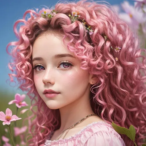 Prompt: a young fairy of spring,  lots of very curly hair, pink glow on cheeks, wildflowers, vivid colors, closeup