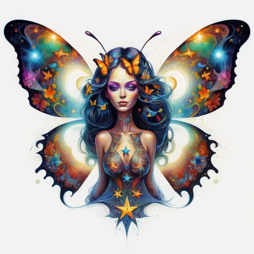 Prompt: a colorful butterfly with a woman's face on it's wings and a star above it's head, Android Jones, psychedelic art, highly detailed digital art, an airbrush painting