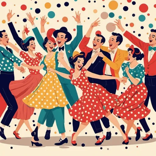 Prompt: Polka-themed digital illustration of a lively dance scene, vibrant colors, whimsical atmosphere, high quality, digital art, energetic movement, joyful expressions, vintage-inspired, playful patterns, dynamic composition, retro style, lively polka dots, detailed costumes, lively and upbeat, best quality, highres, digital art, vibrant, vintage, dynamic, joyful, retro, whimsical, energetic movement, lively colors, detailed costumes