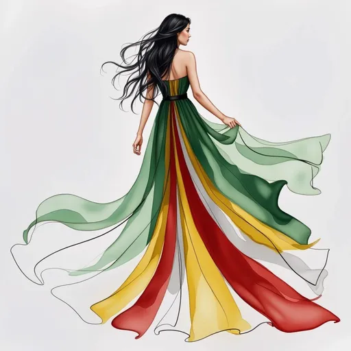 Prompt: This is a digital illustration of a woman viewed from behind, showcasing a flowing, strapless gown. The woman has long, wavy black hair that cascades down her back, blending into the background. The dress is the focal point, featuring a striking, multicolored design with vertical stripes in vibrant shades of green, yellow, red, and white. The colors transition smoothly from one to another, creating a dynamic, almost watercolor effect. The dress's fabric appears to be lightweight and flowing, as indicated by the gentle, sweeping lines that suggest movement and flow. The background is a simple, clean white, which makes the colors of the dress pop. The illustration style is modern and minimalistic, with loose, confident brushstrokes and a slight impressionistic quality. The woman's figure is slender, and her back is slightly arched, emphasizing the elegance and grace of the dress. The overall composition is balanced and aesthetically pleasing, with a focus on the interplay between the bold colors of the dress and the simplicity of the background.
