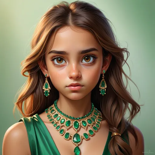 Prompt: Detailed realistic digital portrait of a young girl, brown eyes, emerald jewelry