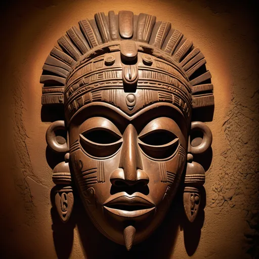 Prompt: (Ancient African mask), intricate carvings, rich texture, warm earth tones, deep browns, vibrant yet subdued colors, historic significance, striking patterns, immersive background showcasing cultural artifacts, atmospheric lighting highlighting details, captivating gaze, ultra-detailed, evocative depth, conveying heritage and mystery, exploring traditional craftsmanship.