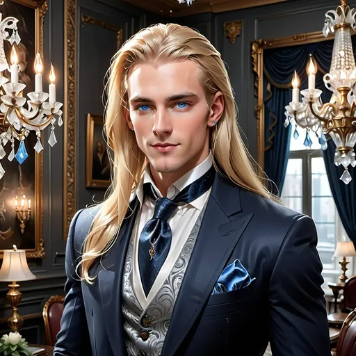 Prompt: In a lavish indoor setting, a striking figure commands attention with his long, smooth blonde hair and piercing blue eyes. Dressed in an elegant light-colored suit layered over a sophisticated gray vest and complemented by a dark blue tie, he exudes confidence and charisma. The opulent backdrop features ornate details, including framed artworks and a chandelier shimmering above, casting a warm glow throughout the room. Soft arrangements of white roses adorn the space, adding a touch of refinement and softness to the luxurious atmosphere. The overall composition conveys a sense of power and elegance, with the subject's serious expression hinting at a narrative of ambition and status.