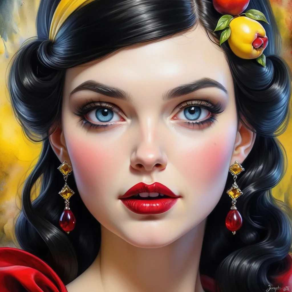 Prompt: <mymodel>Snow White.  beautiful woman, hair pinned up, yellow red black dress, earrings, Watercolor, trending on artstation, sharp focus,  by  Josephine Wall and Jasmine Becket-Griffith