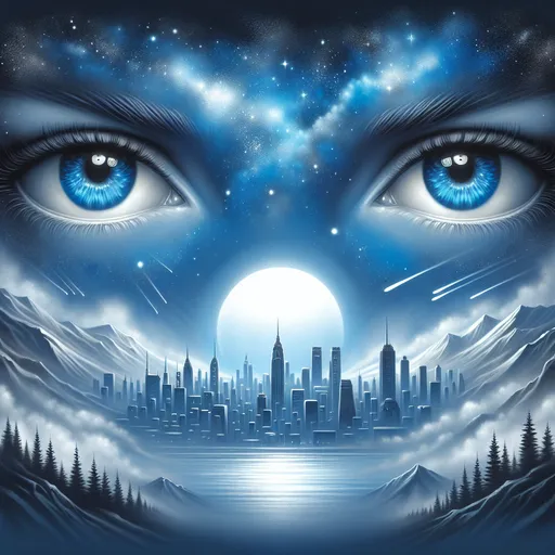 Prompt: a painting of two blue eyes with a city in the background and a blue sky in the background with stars, Anna Dittmann, fantasy art, highly detailed digital painting, an airbrush painting