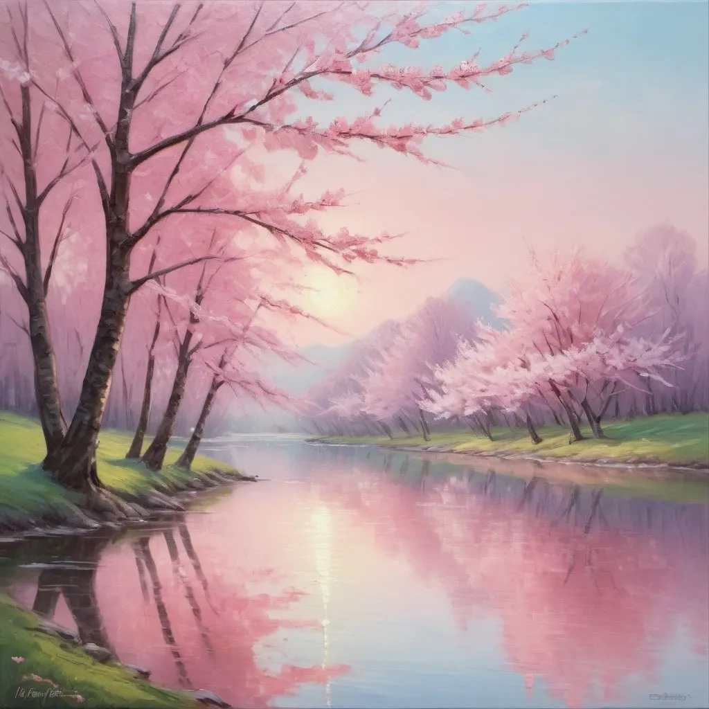 Prompt: A peaceful pink landscape, oil painting, cherry blossom trees in full bloom, serene lake reflecting the pink sky, high quality, impressionist, pastel pink tones, soft lighting